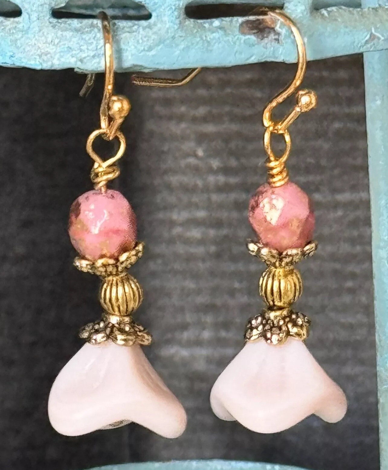Romantic Pale Pink Bell Flower & Gold Luster Crystal Earrings. Love. Bloom