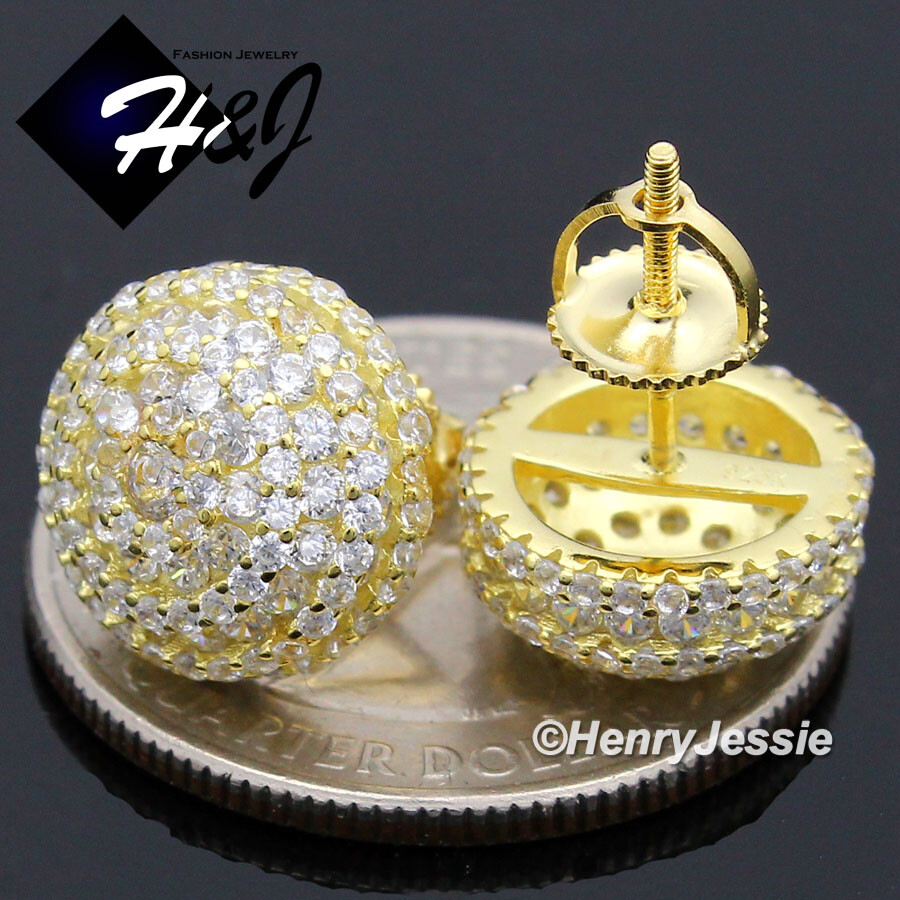 MEN 925 STERLING SILVER ICY BLING CZ 11MM GOLD PALTED 3D STUD ROUND EARRING*G182