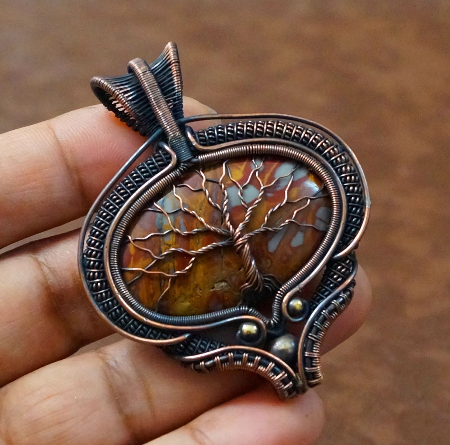 Brown Noreena Jasper Tree of life Copper Wire Pendant Handmade Jewelry (-PD62