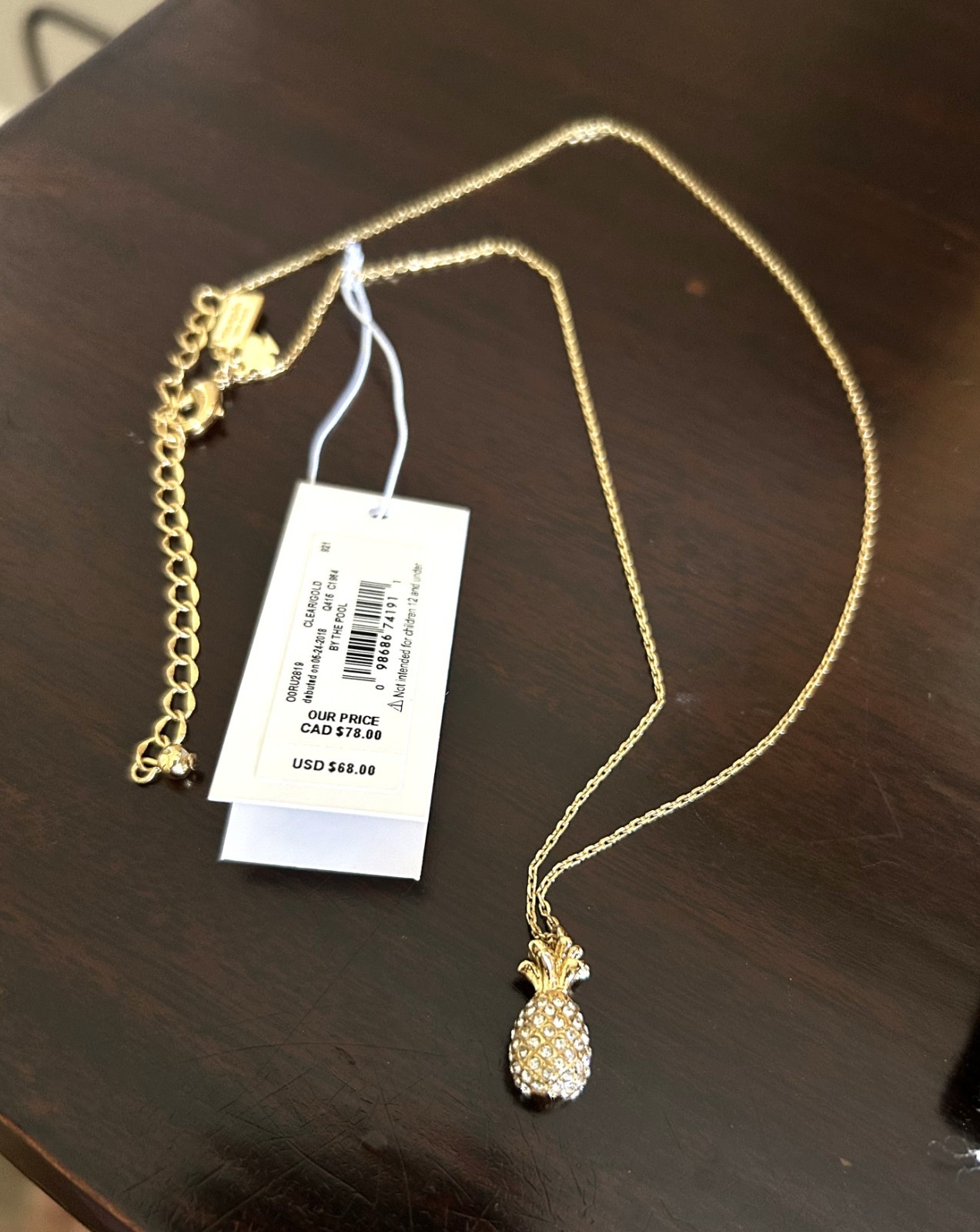 Kate Spade By the Pool Pineapple Gold Chain Crystal Necklace NWT
