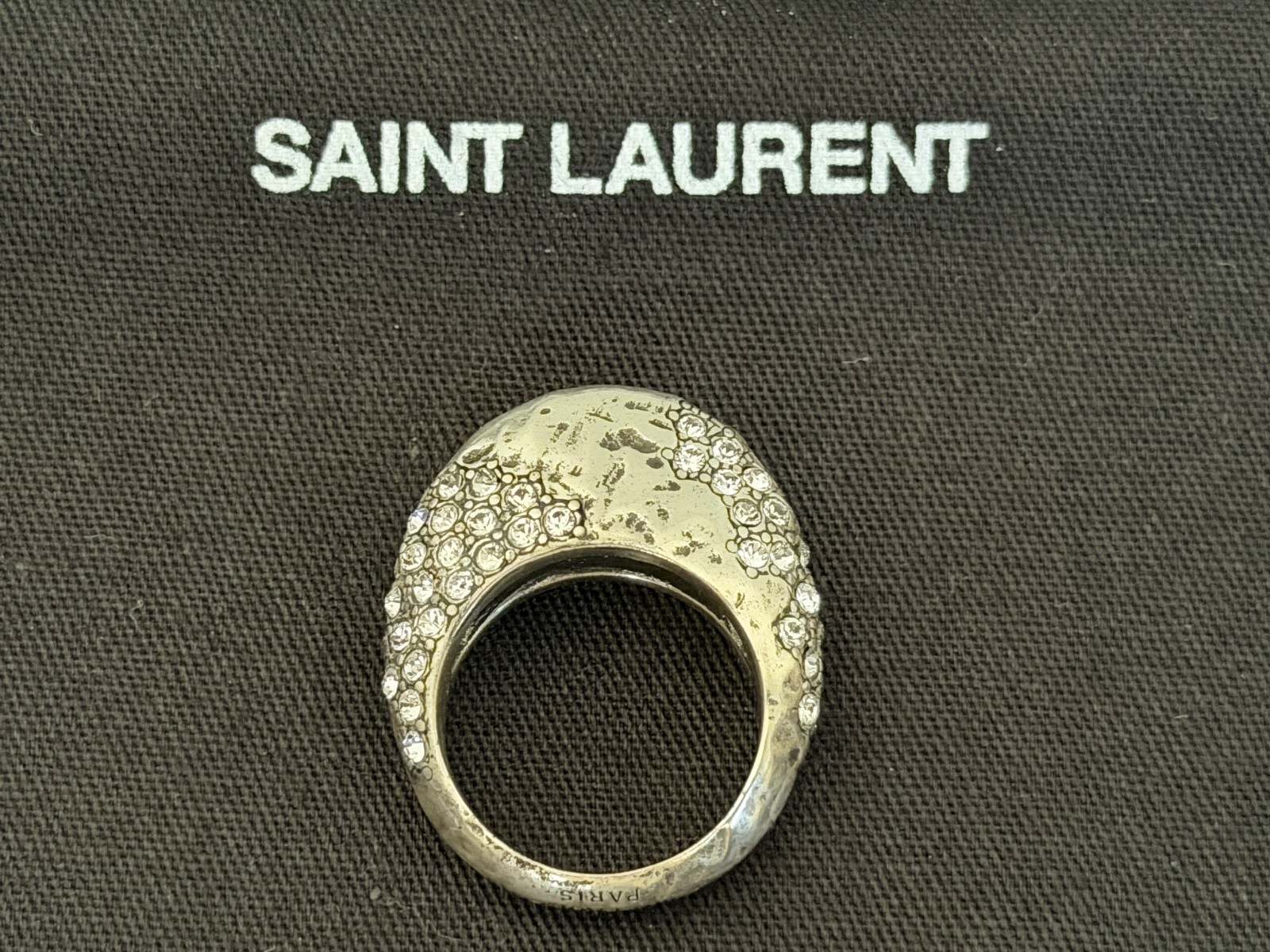 NWT Saint Laurent YSL Crystal Molten Bumpy Silver Brass 3D Dome Band Ring 6 $895