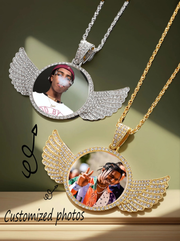 Custom Photo Necklace Angel Wings Pendant Personalized Picture Iced Out Gift