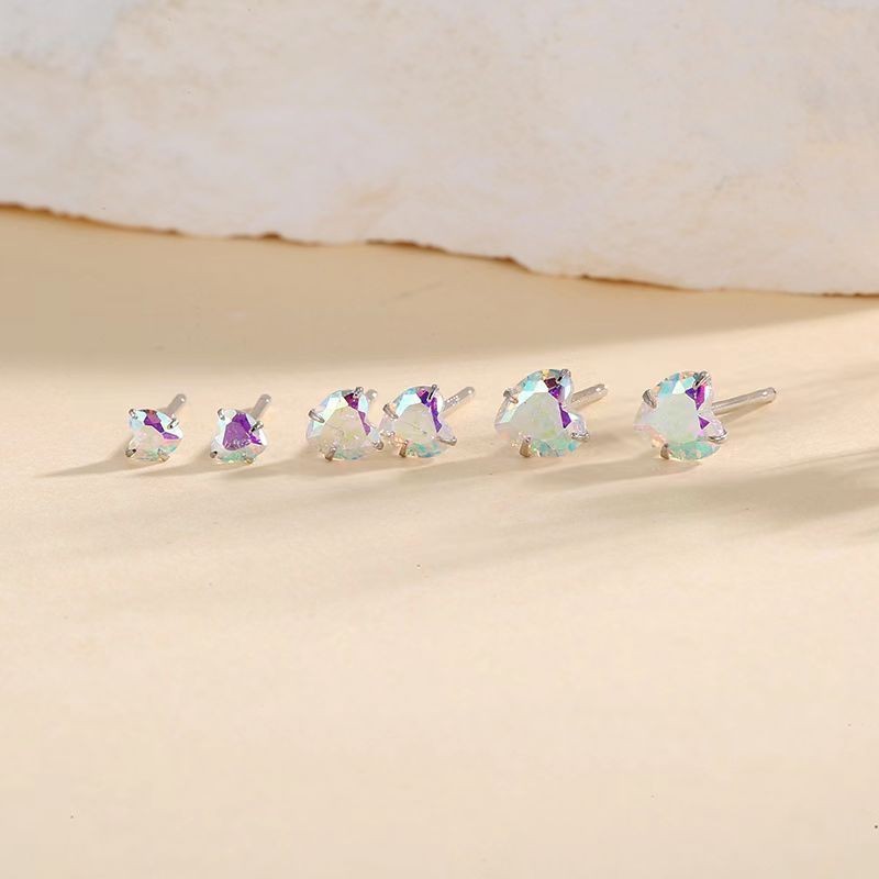 Men Women Iridescent Love Heart Solitaire 925 Sterling Silver Mini Stud Earring