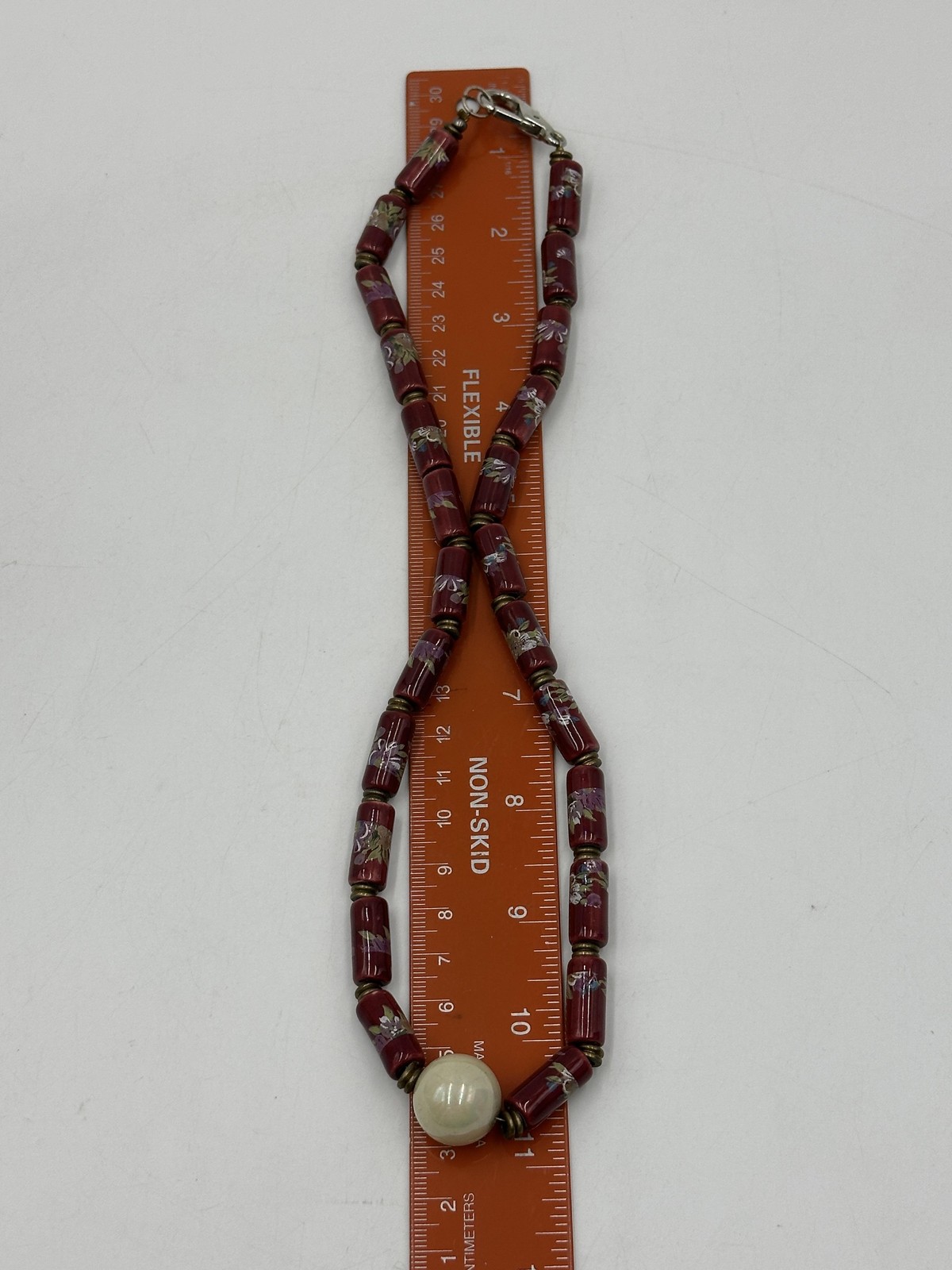 Red Floral Tube Bead Necklace Large White Center Bead Lobster Clasp Jewelry