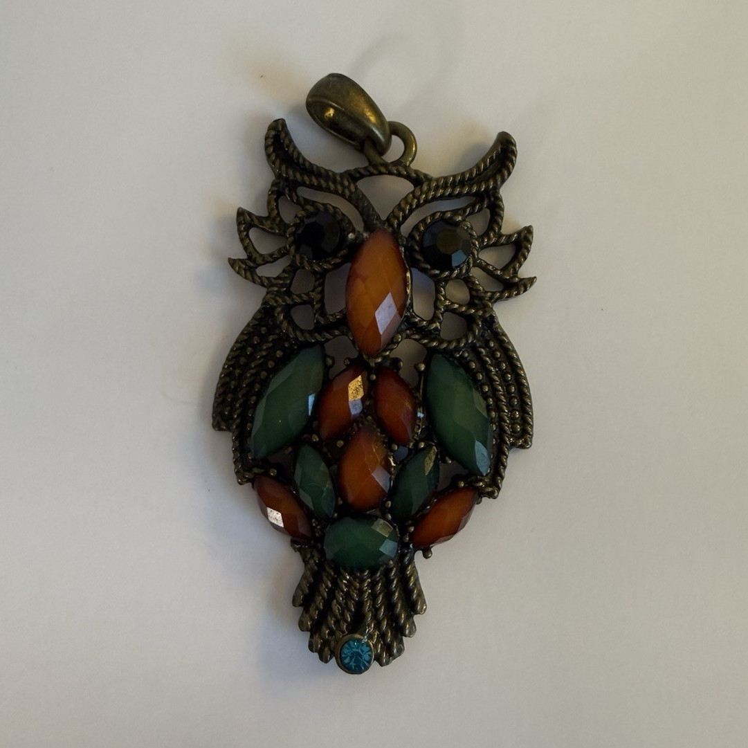 Large Owl Pendant Necklace Charm Bronze Tone Orange Green Rhinestone Boho Jewelr