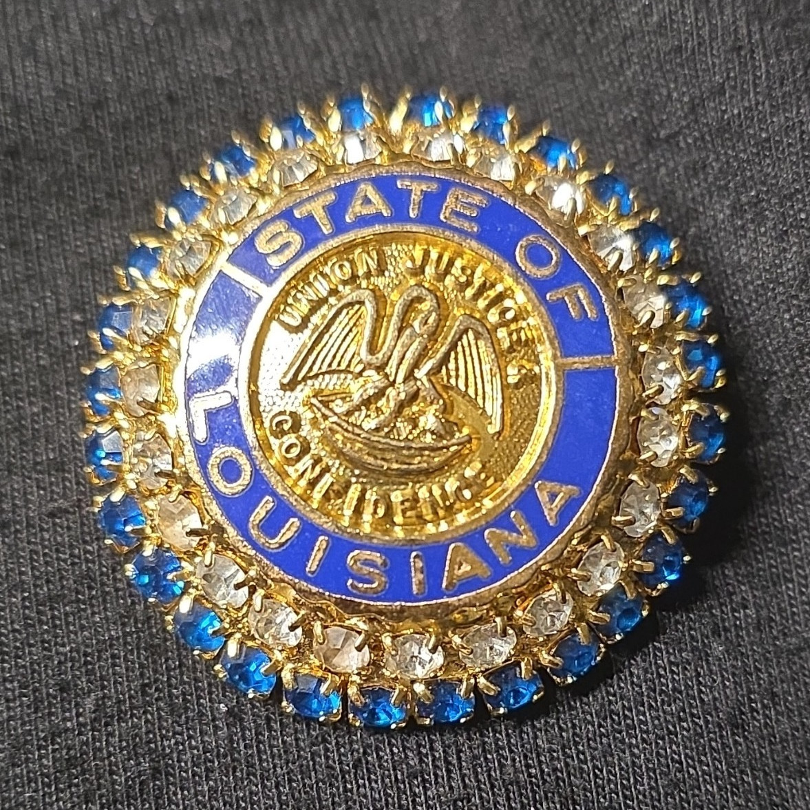 State of Louisiana Seal Round Enamel Brooch Pin Gold Tone Blue/Clear Rhinestones