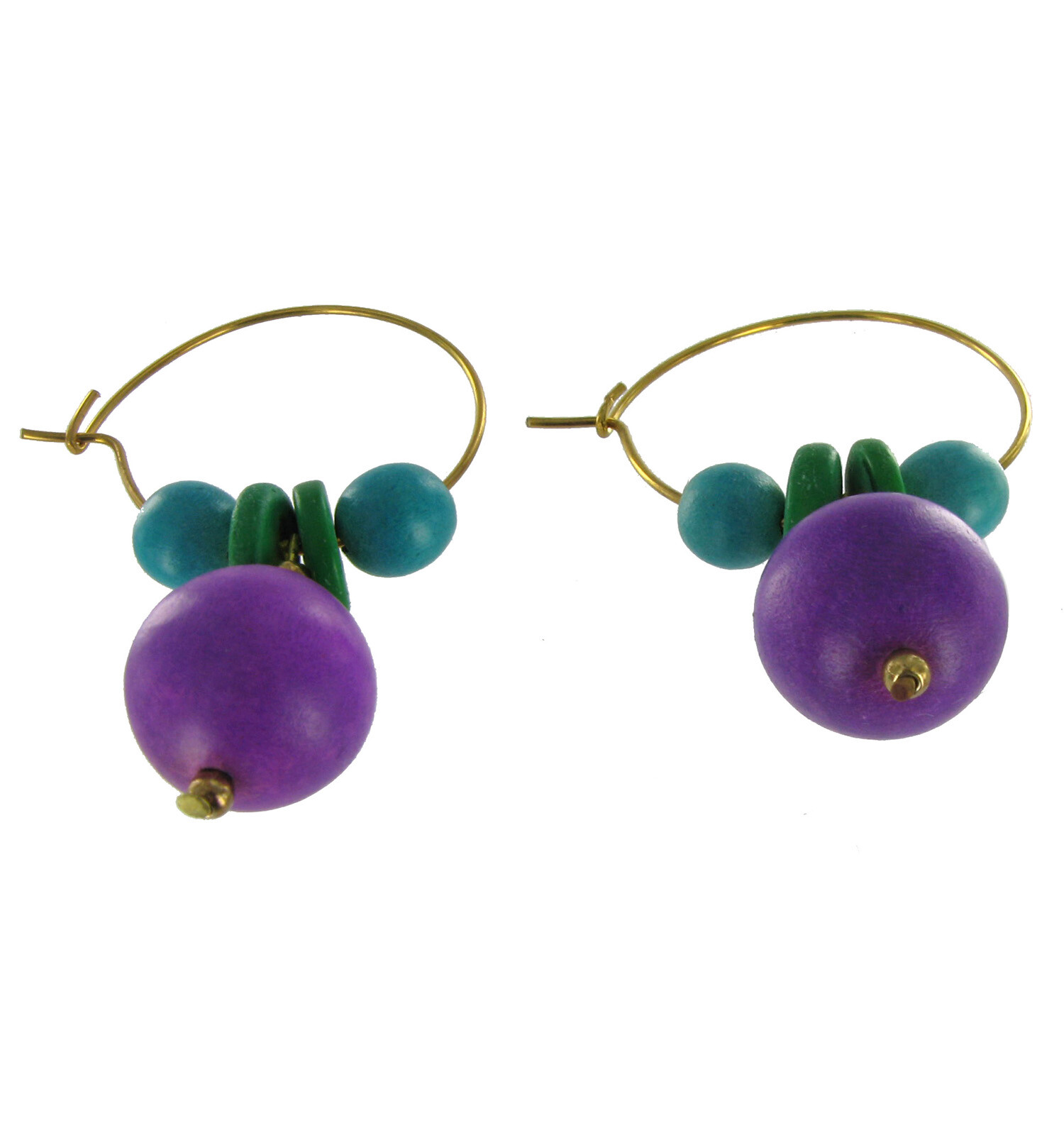 Purple Green Blue Wood Beaded Wire Pierced Hoop Earrings 1 1/4″