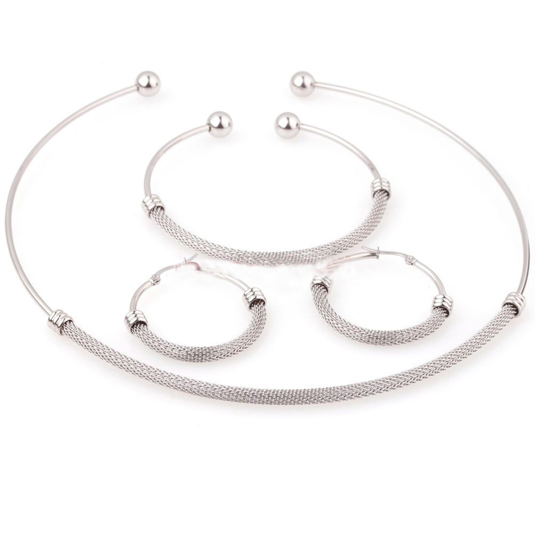 Womens Silver Cable Wire Stainless Steel Necklace Choker Bracelet Jewelry Set