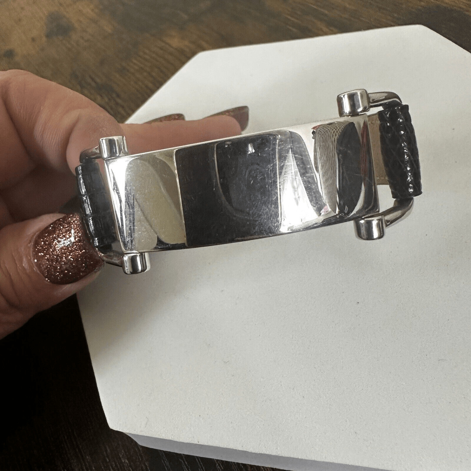 Authenticated Celine Plaque Leather Bracelet In Lizard And Brass