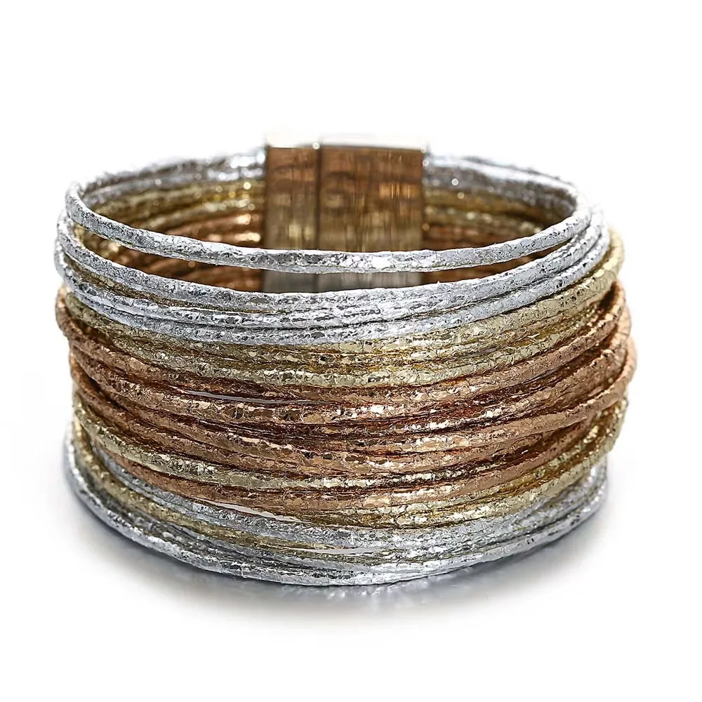 Triple Color Leather Wrap Bracelet Multilayer Slim Glitter Rope Chain Women