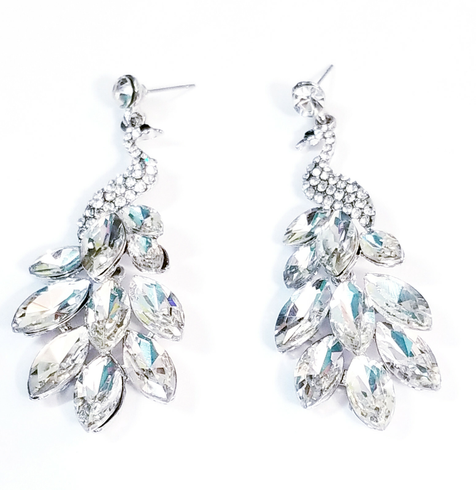 Peacock Drop Earrings Rhinestone Chandelier 2.9 inch Clear