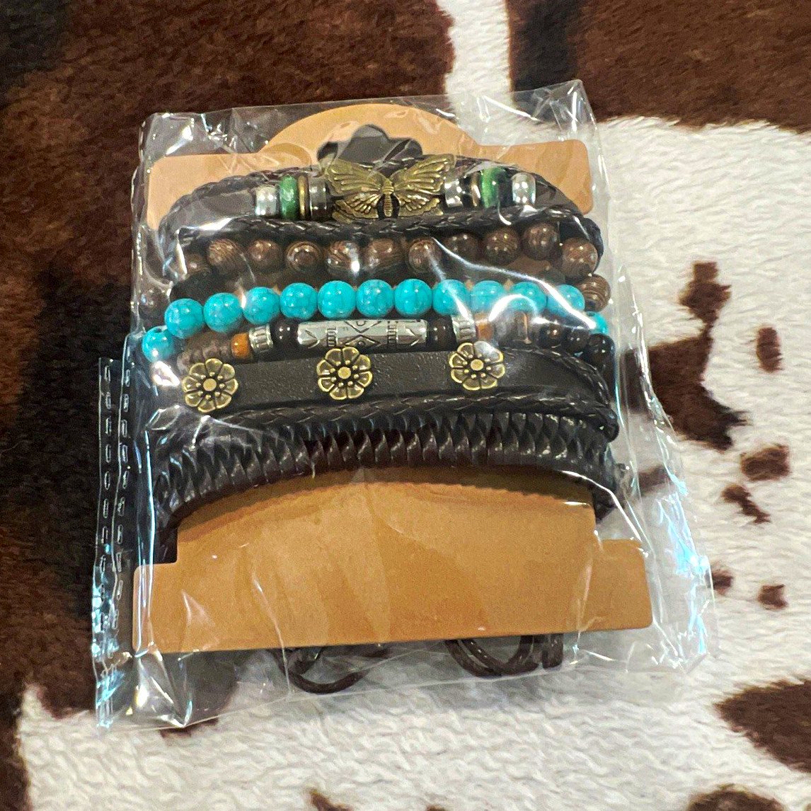 Beaded Wrap Faux Leather Cord Bracelet Set Turquoise Butterfly Dangle Tie Adj