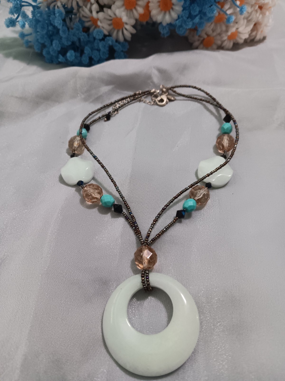Lia Sophia “Cayman” Jade Round Pendant w/Resin & Glass Beads Gold Tone Necklace