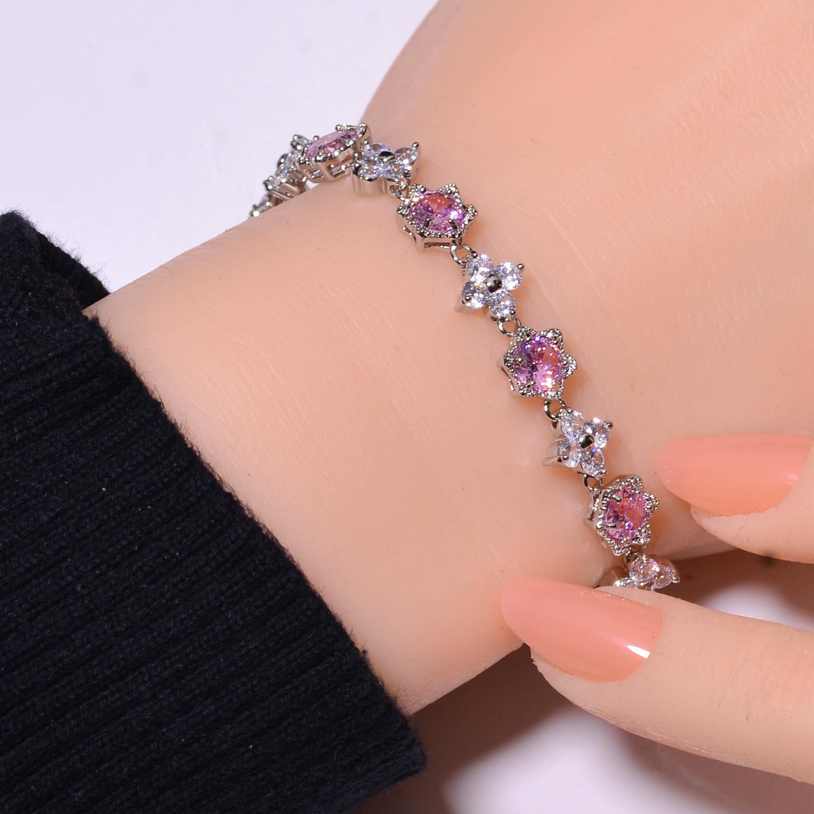 Pink Rose Quartz & Cubic Zirconia 925 Sterling Silver Tennis Bracelet 8.99″ B41