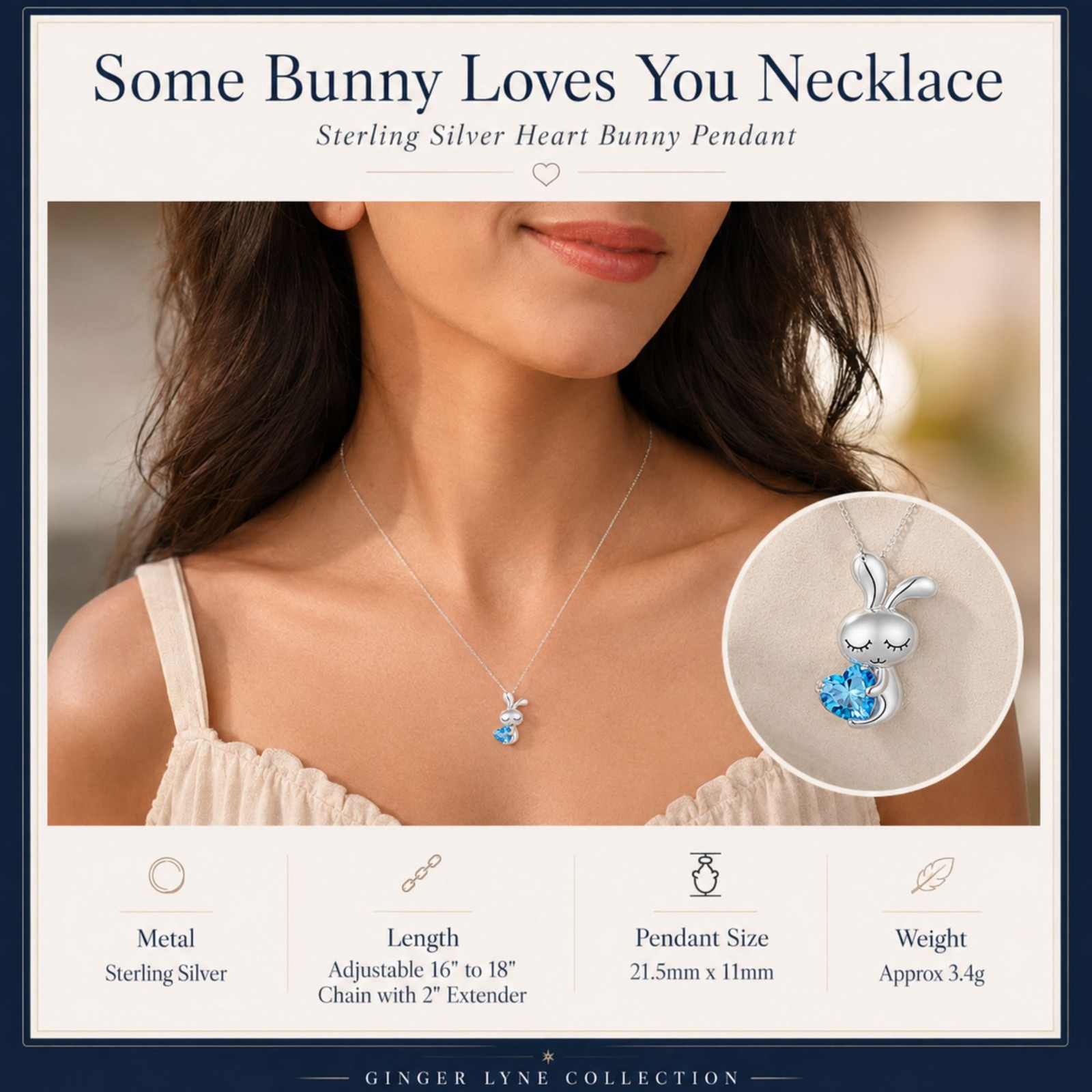Bunny Love Necklace Sterling Silver Heart Blue Cz Womens Ginger Lyne Collection