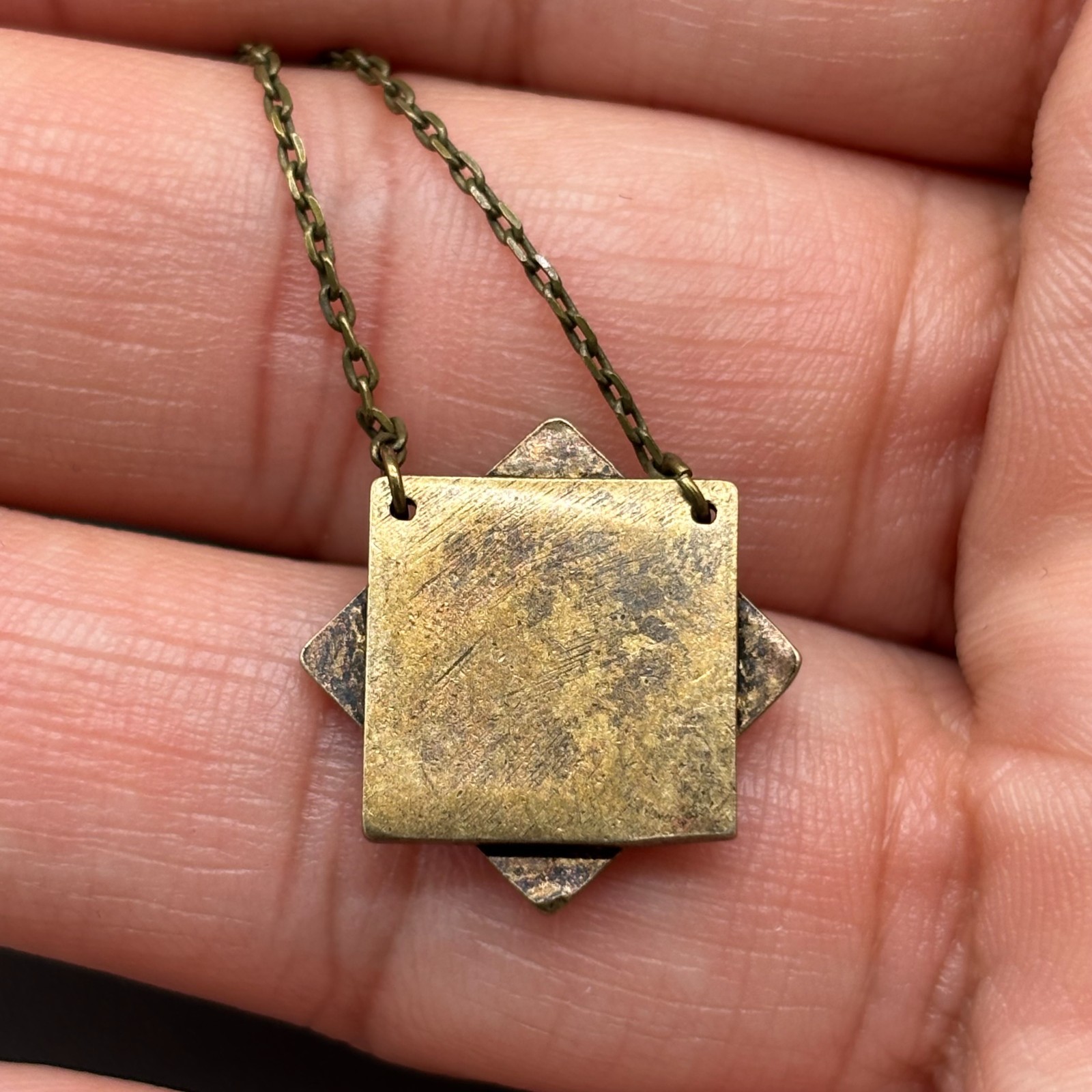 Geometric Square Pendant Necklace Brass Tone Crystal Accent Minimalist 20″