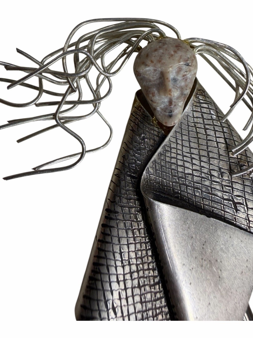 Sculptural Pin From Cherokee Artist/Storyteller J Pinkeye. Sterling Silver Stone