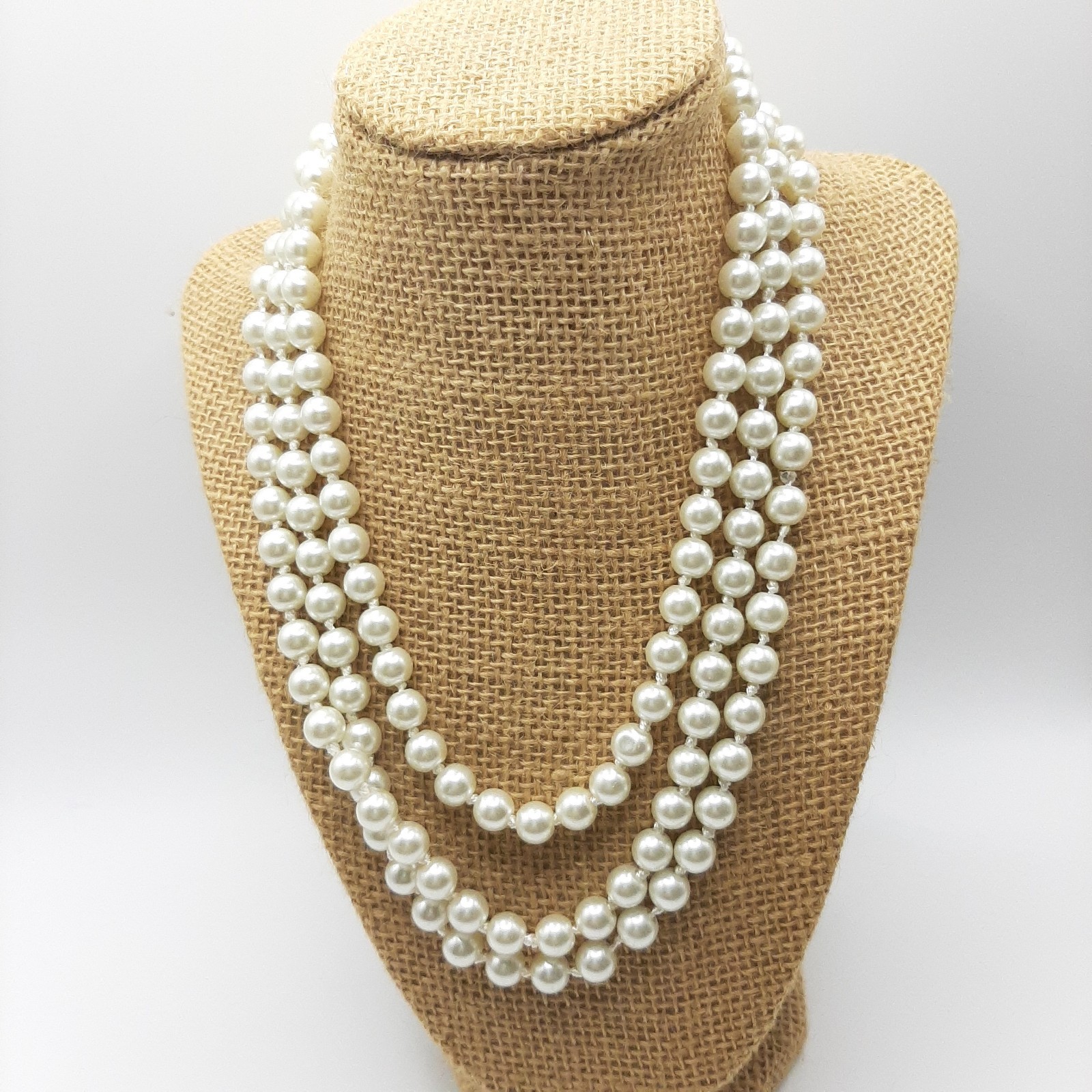 Vintage Silver White High Quality Glass Faux Pearl Single Strand Necklace 60″