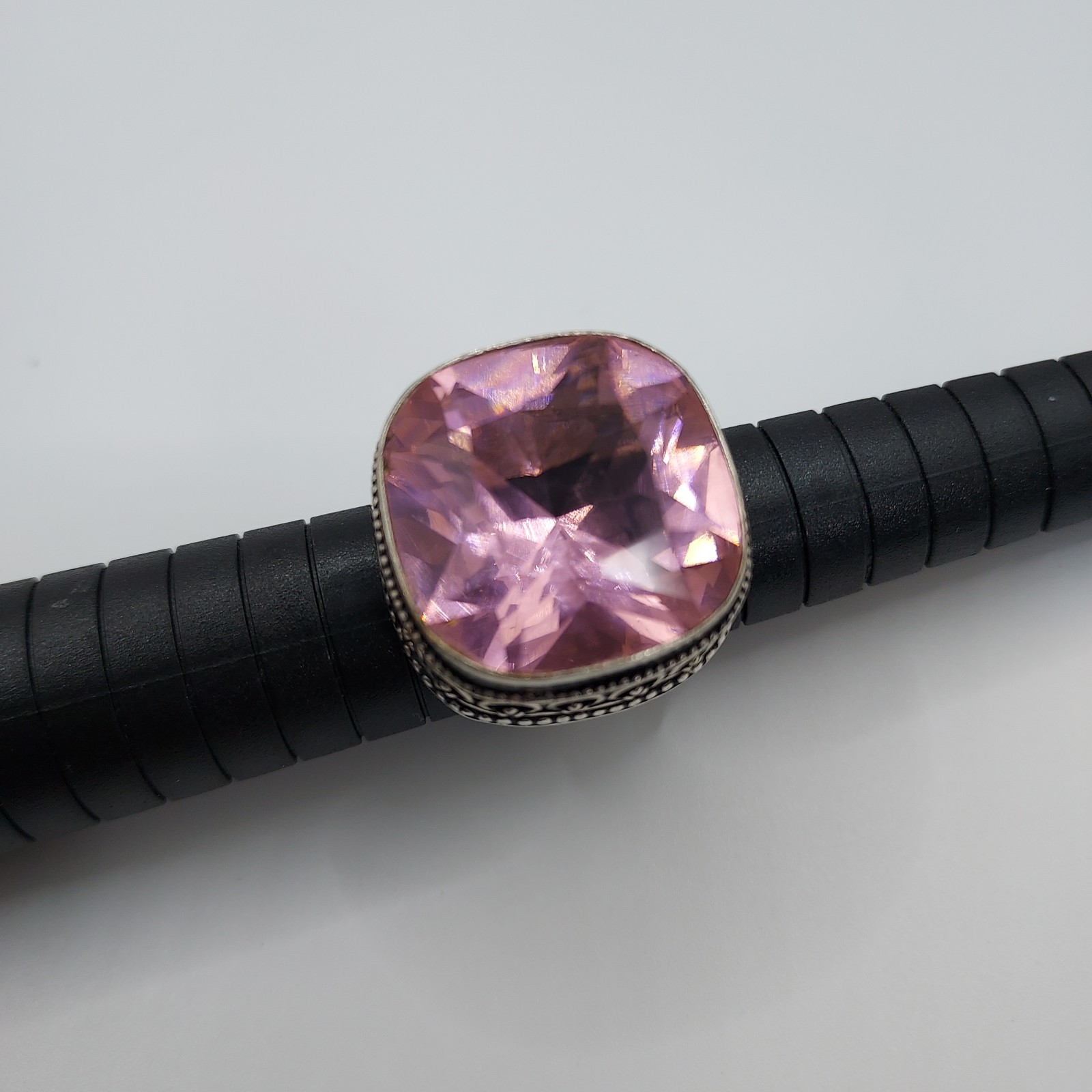 Pink Faceted Cocktail Statement Ring Huge .75″ Square Faceted Glass Sz 6.25