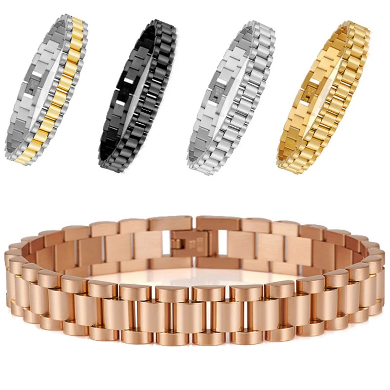 10MM Watchband Style Men’S Bracelets for Women Man Ladies Gold Color Stainless S