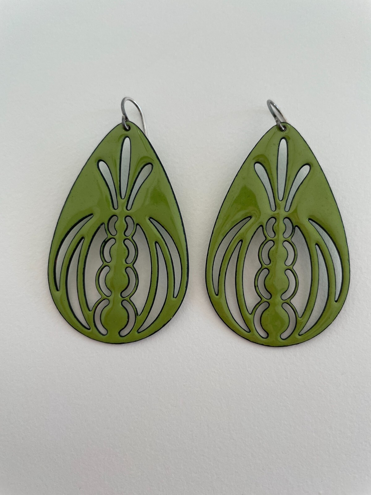 Vitreous Enamel Handcut Copper Earrings Art Deco Mod Geometric Handmade USA 2″