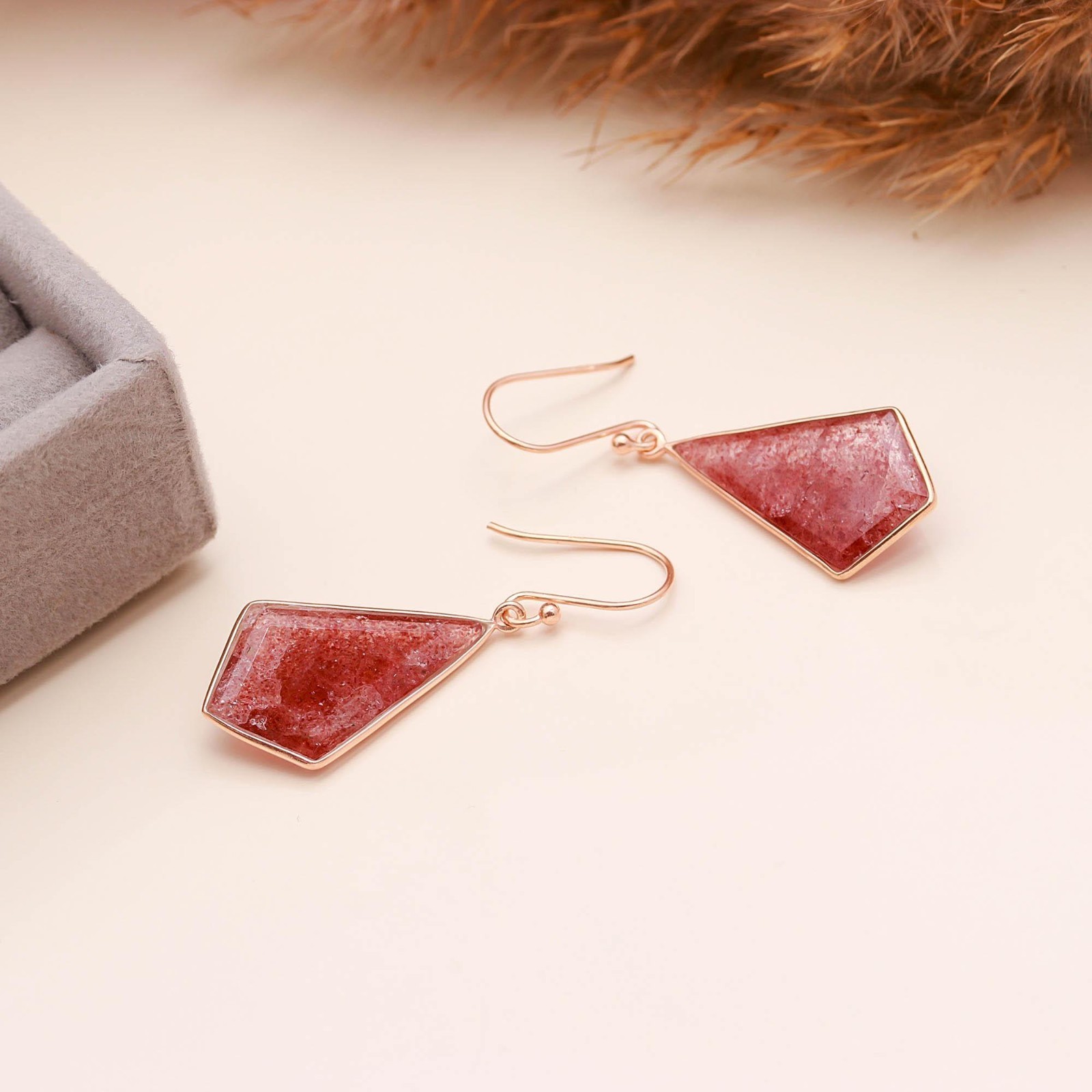 Natural Red Strawberry Kite Dangle Earring Rose Gold Plated Solid Silver Jewelry