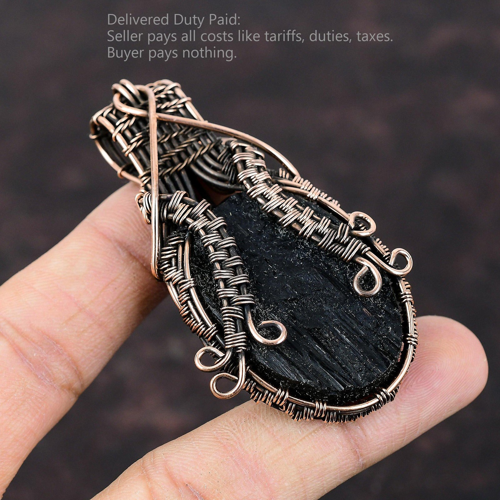 Copper Oval Black Tourmaline Rough Stone Engagement Wire Wrapped Pendant Jewelry