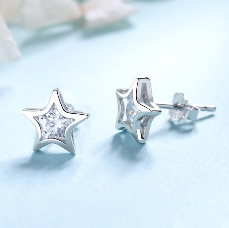 925 Sterling Silver Star Bezel Basket Cubic Zirconia Stud Earrings Set Gift PE57