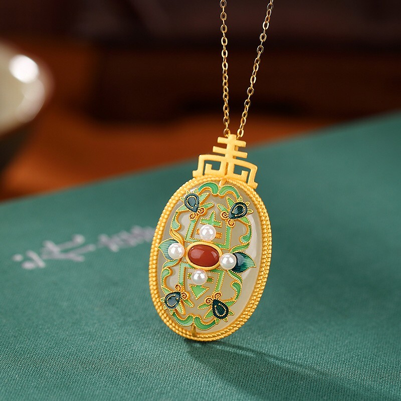 Natural Jade Flower Pendant Necklace Real Jewelry Talismans 18K Gold Plated