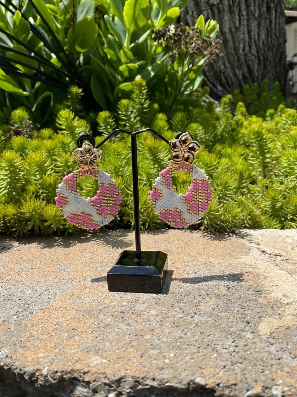 Pink White Beaded Floral Round Dangle/Drop Earrings Butterfly Back Closure