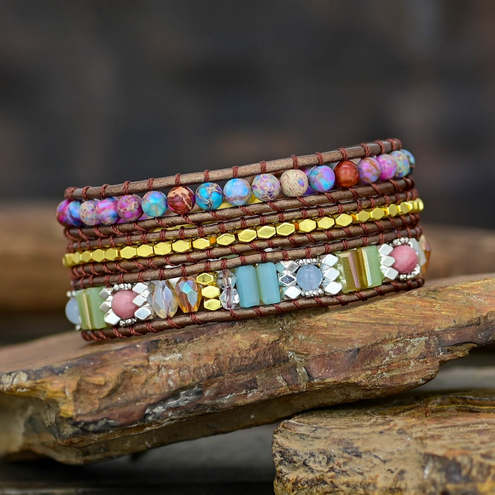 Sea Sediment Bohemian Colorful Boho Handmade Wrap Healing Yoga 3 Strand Bracelet