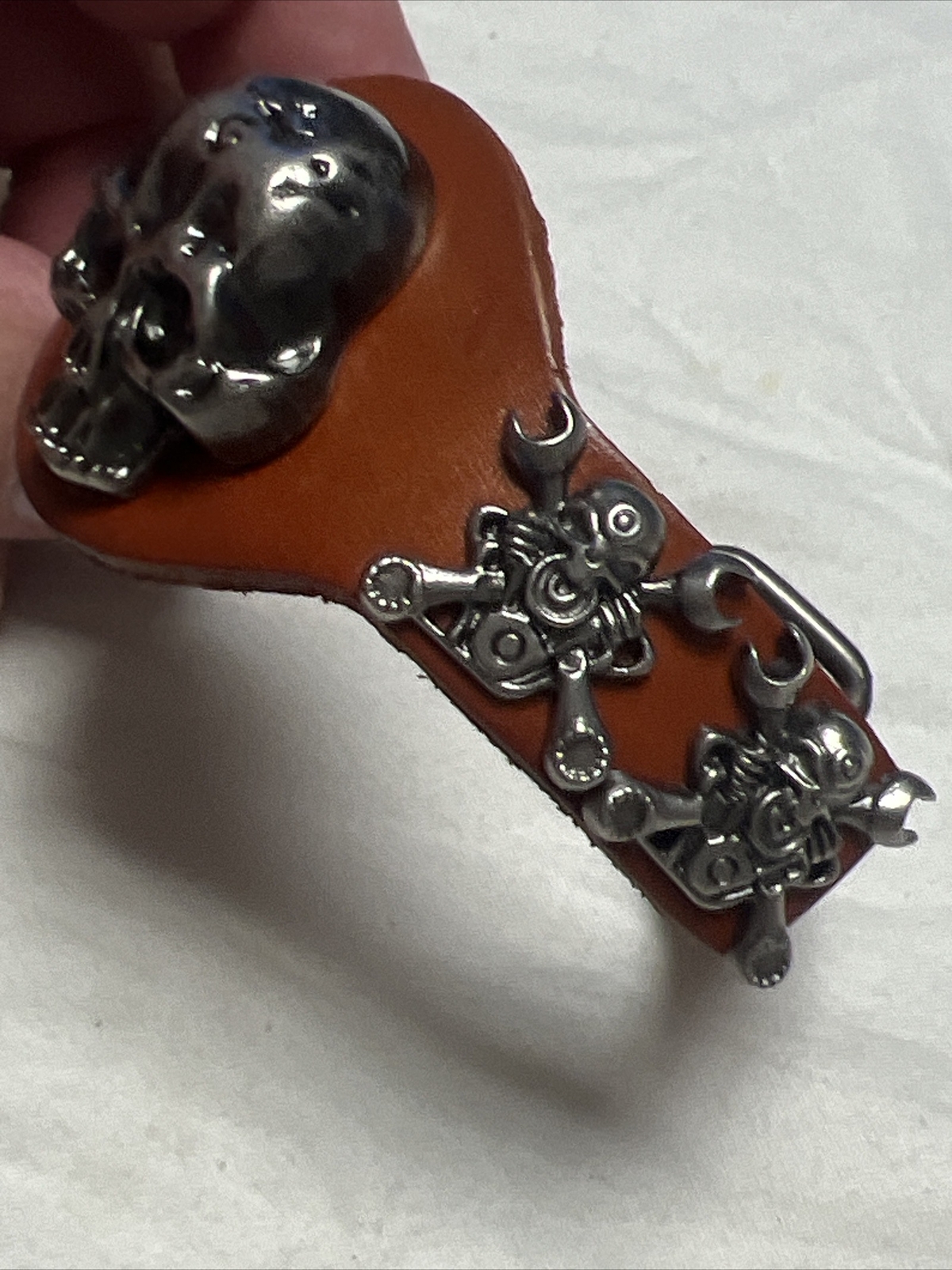 Evil Skull Biker Bracelet Brown Wide Leather bracelet Mechanic Wrench SkullsNWOT