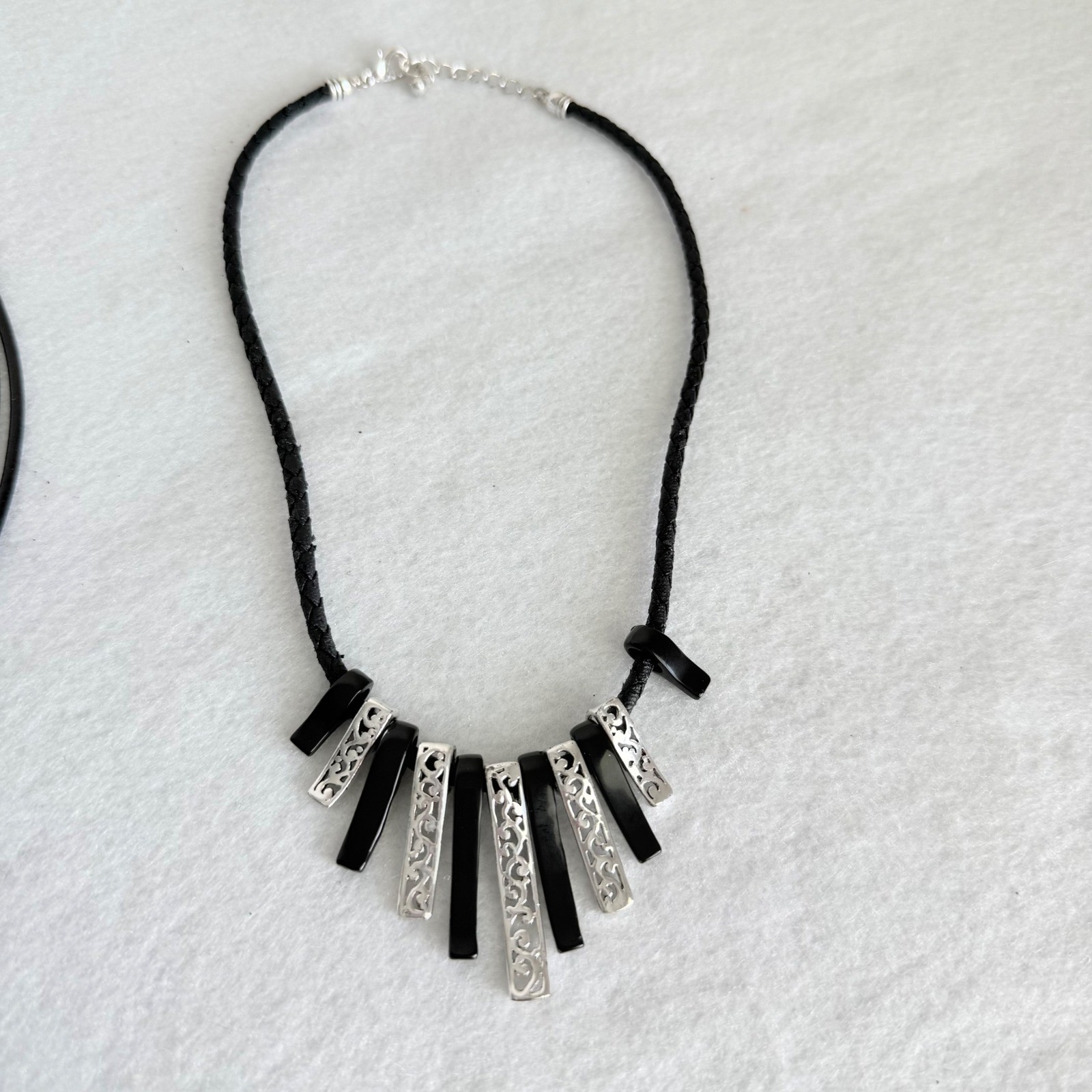 Two VTG Black Cord Statement Necklaces Silver Tone Filigree & Fringe Pendants