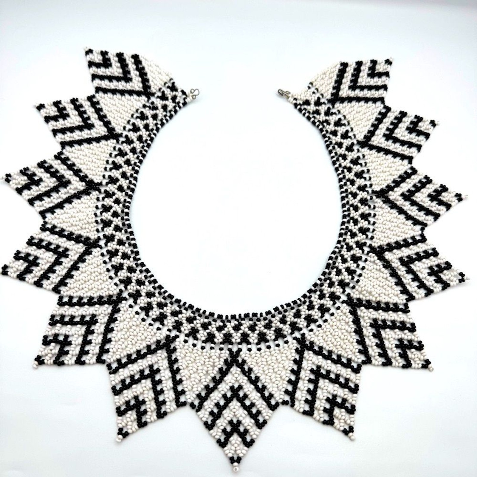 Hand Beaded Black & White Tribal Collar Necklace Statement Bib