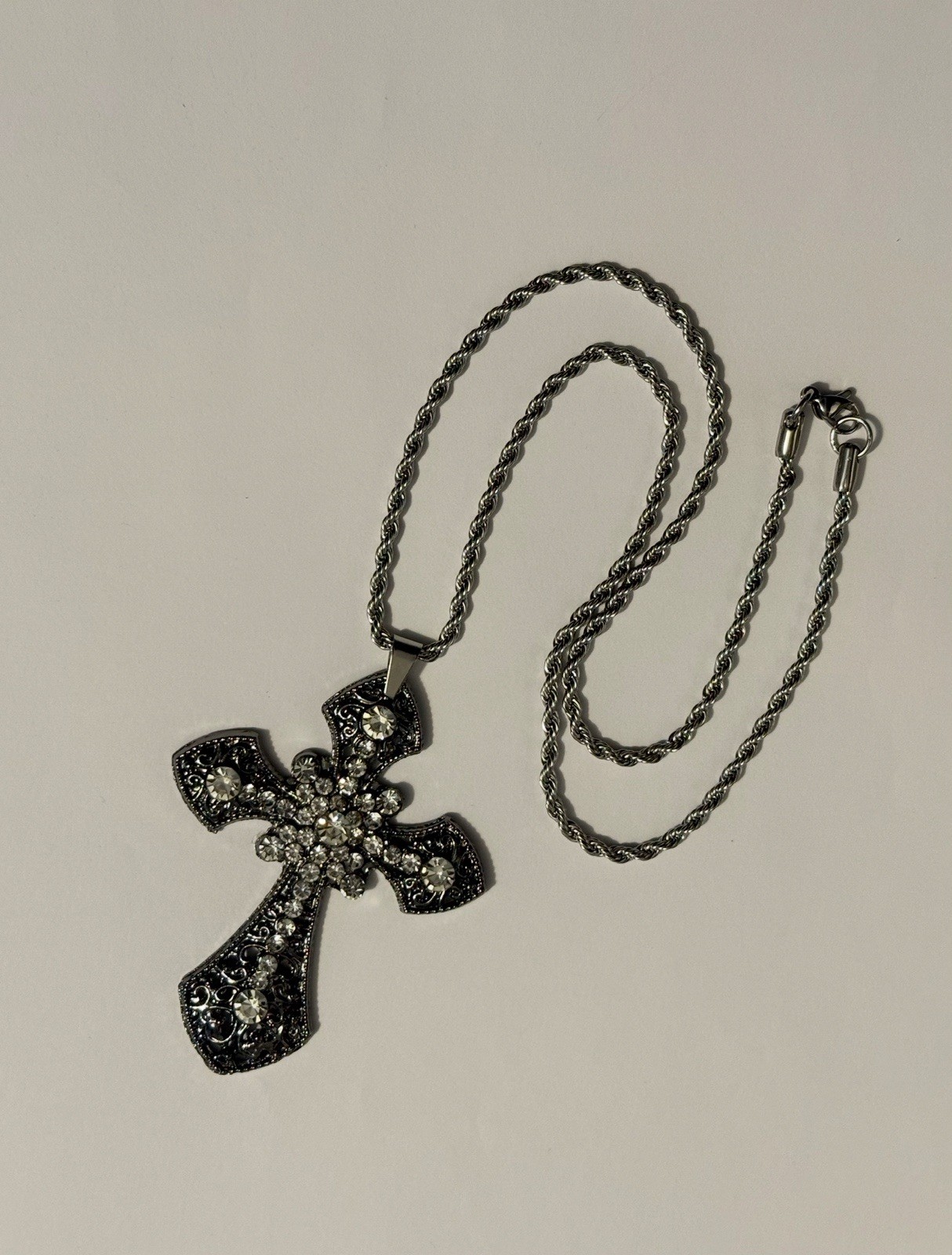 Large Victorian Cross Necklace Chain Silver Religious Gothic Grunch Whimsgoth