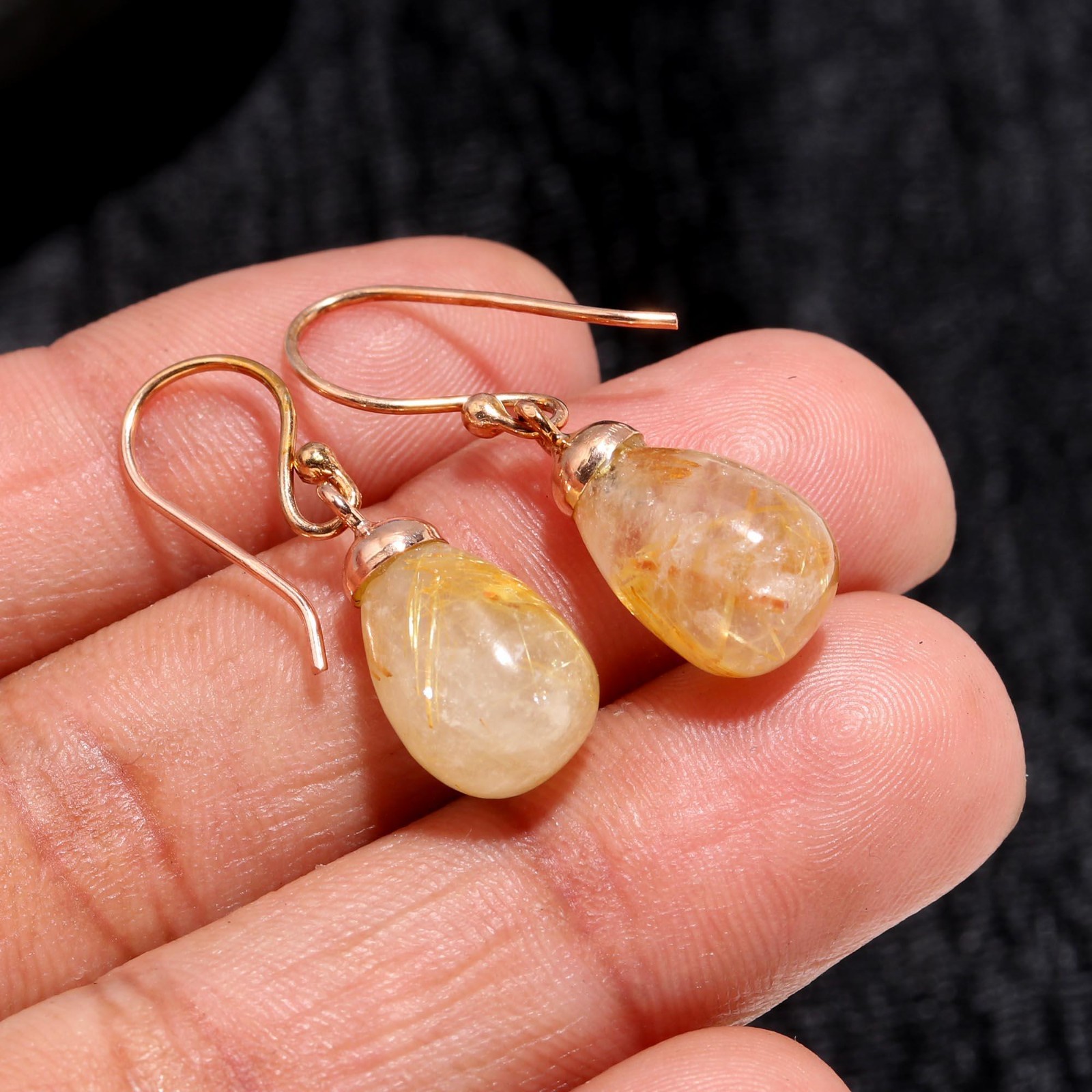 Natural Golden Rutile Teardrop Earrings Rose Gold Filled Solid Silver Jewelry