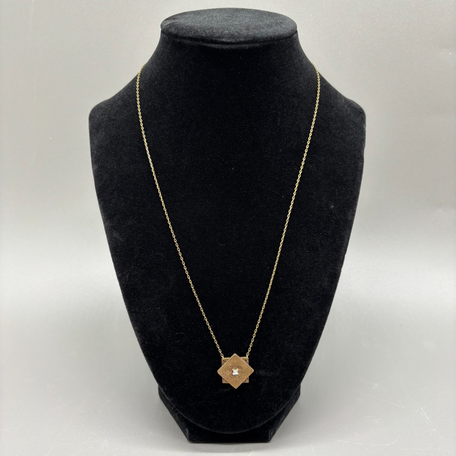 Geometric Square Pendant Necklace Brass Tone Crystal Accent Minimalist 20″