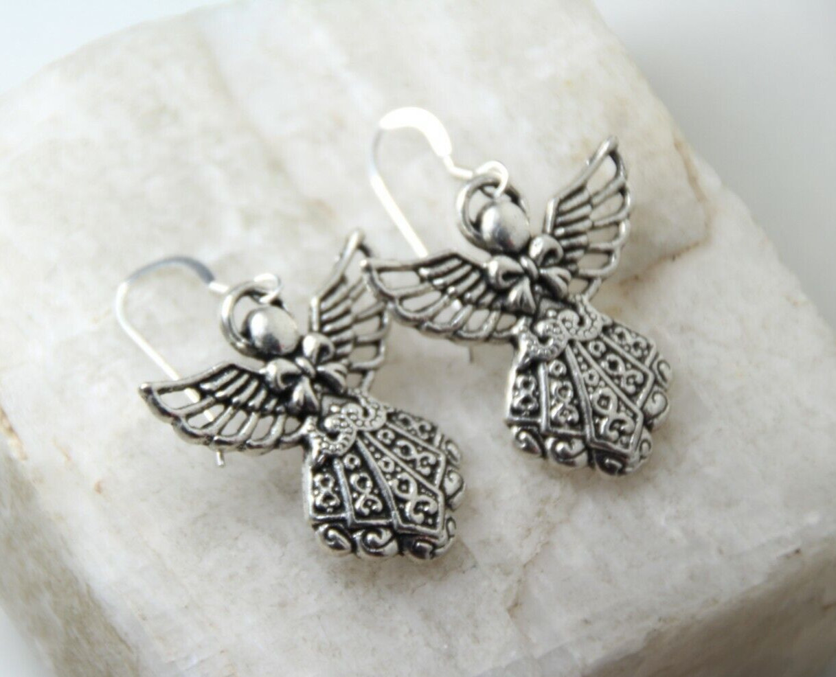 Angel Charm Earrings 925 Sterling Silver Hooks Pewter Pendants 1 1/4″ Angels