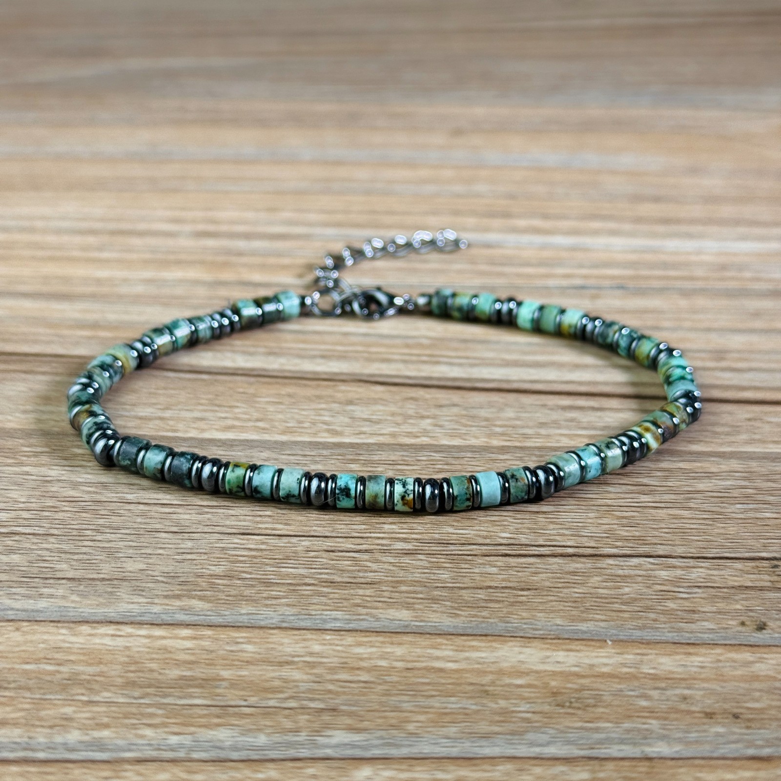 Men’s Beaded Bracelet,4mm African Turquoise Heishi with Stainless Accents Gift