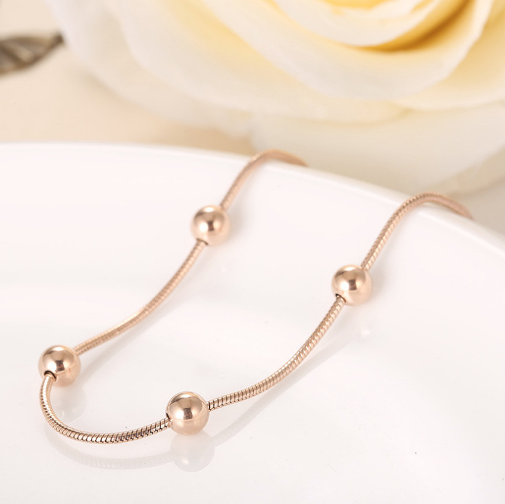 Women Titanium Stainless Steel Rose Gold Bead Chain Anklet Bracelet 8-10″ PE14
