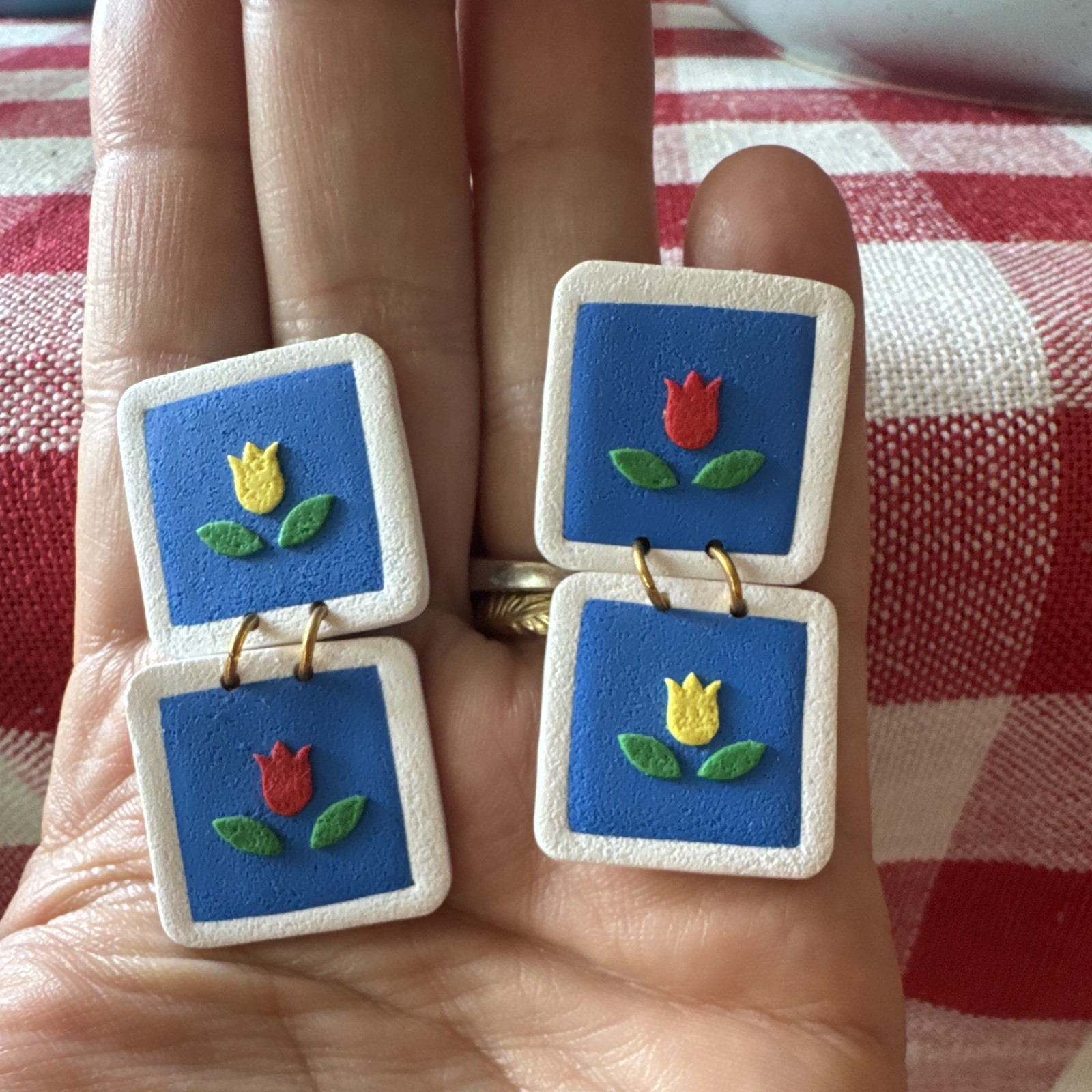 Handmade Clay Square Dangle Earrings post Closure Blue Floral Tulip Multicolor