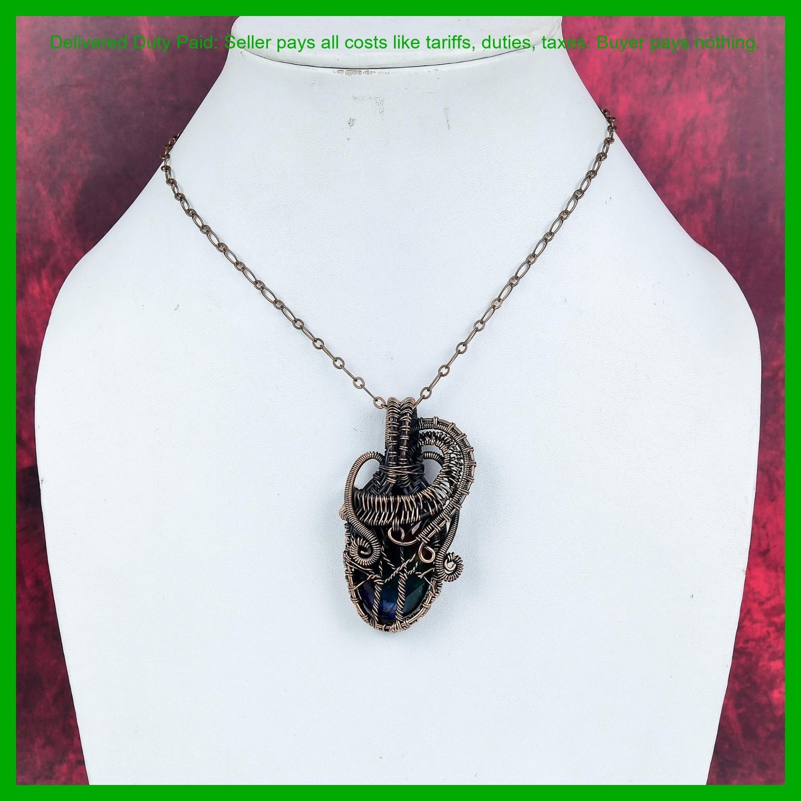 Copper Oval Ammolite Gemstone Wire Wrapped Tree Of Life Art Deco Pendant Jewelry