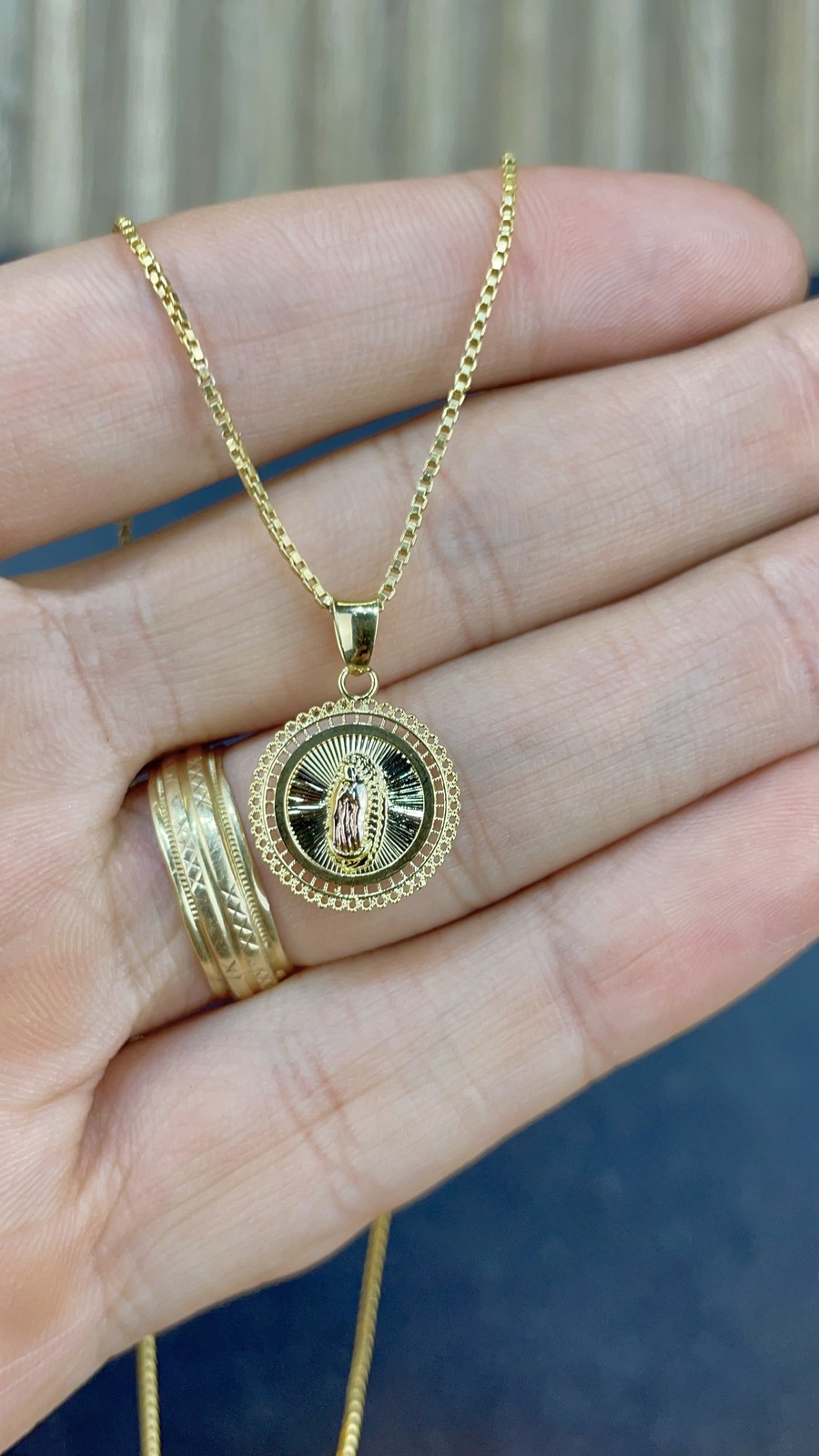 Box Link Chain 17″ With Virgen de Guadalupe Pendant Necklace 17x15mm for Womens