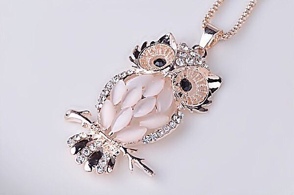 Jewelry Crystal Opal Owl Pendant Chain Gold Sweater Long Necklace Christmas Gift
