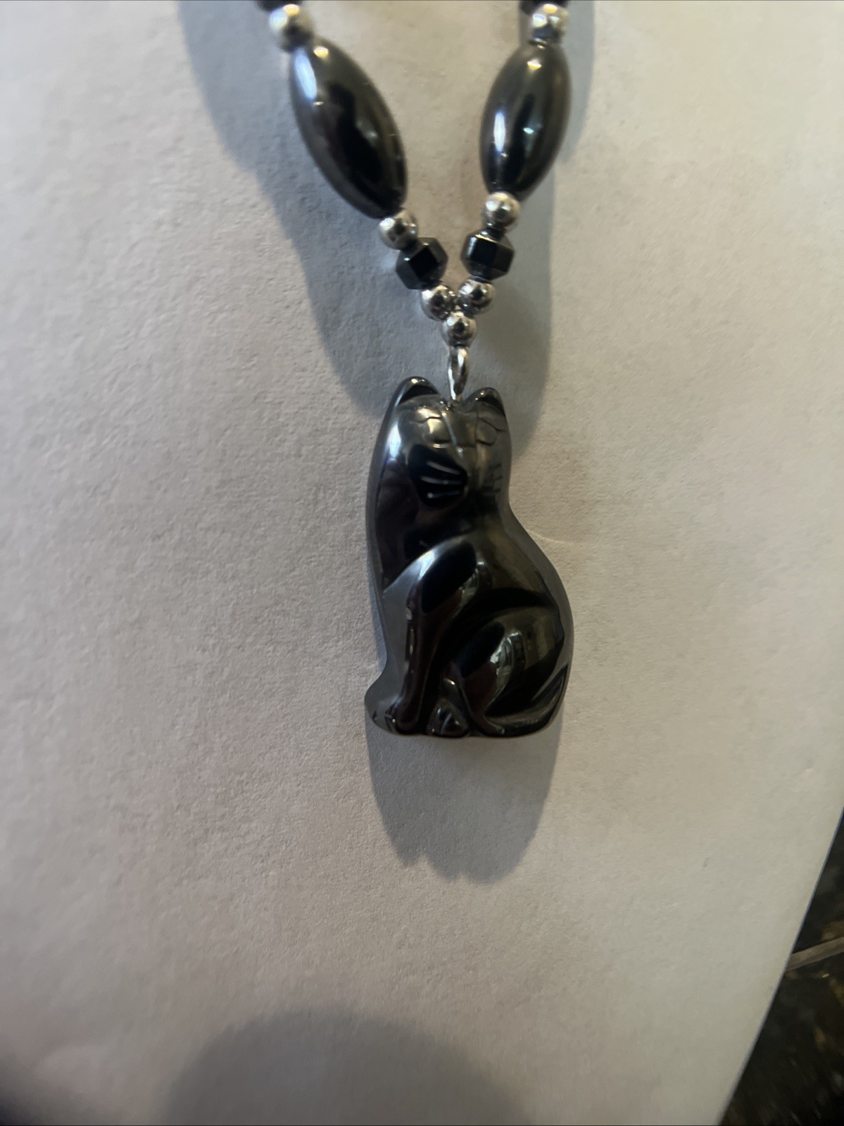 Black Hematite Cat Pendant Necklace – Beaded Chain, Vintage Style Kitty Jewelry