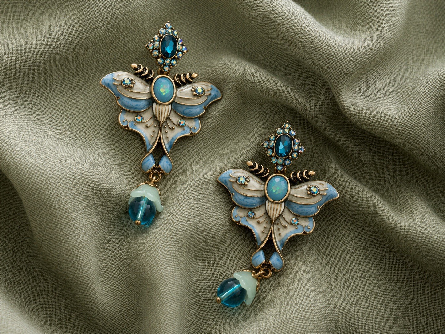 Museum Art Deco Butterfly Moth Earrings Enamel Crystal Nouveau Antique CZ VTG