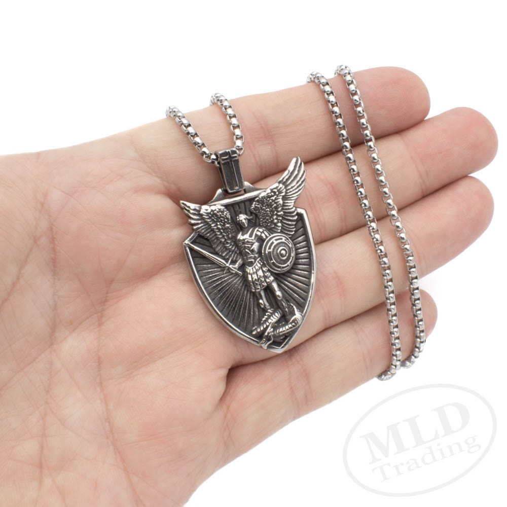 Saint St Michael Shield Pendant Necklace – Stainless Steel Archangel 24″ Chain