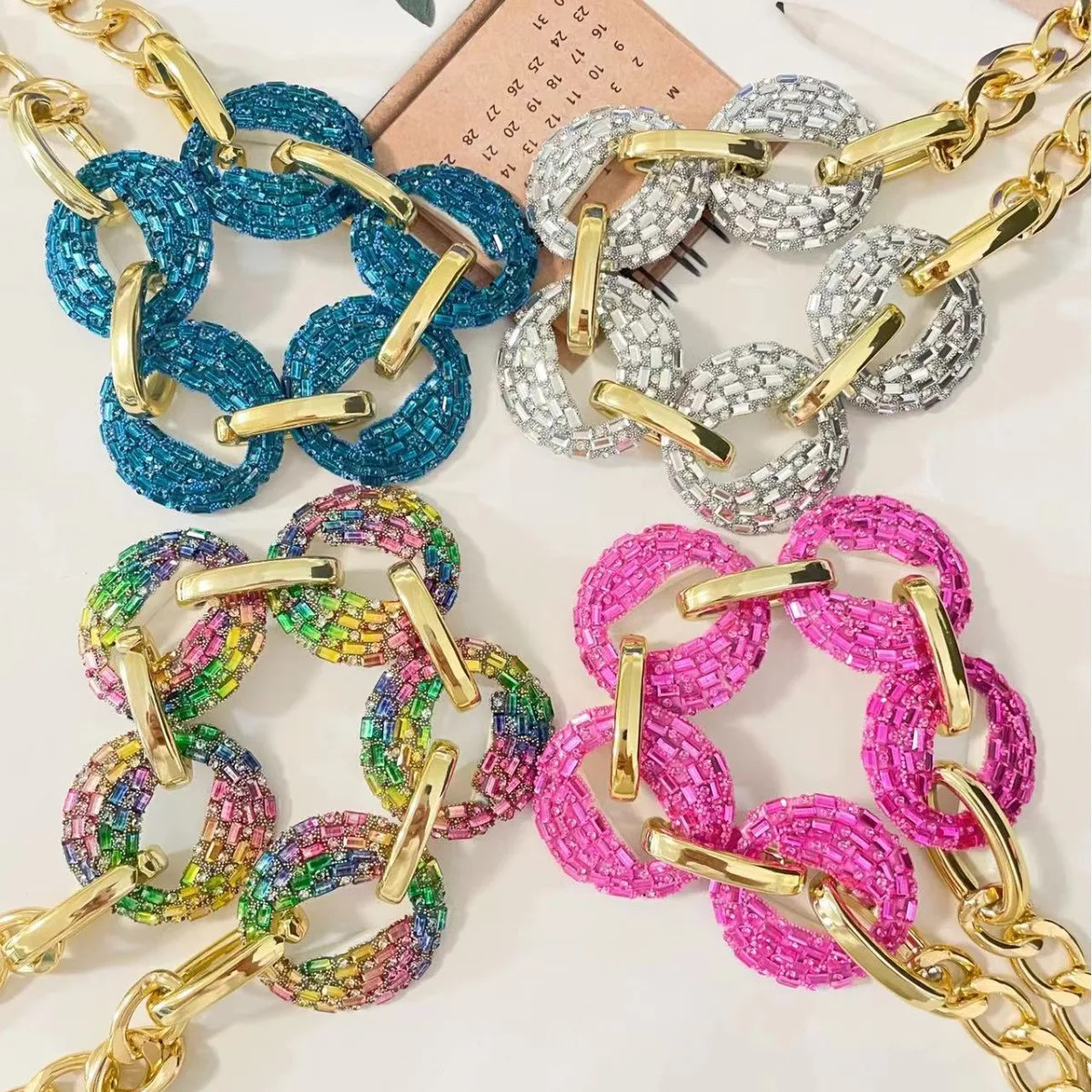 Fashion Exaggeration Punk Hip Hop Colorful Rhinestone Chain Geometry Necklace Go