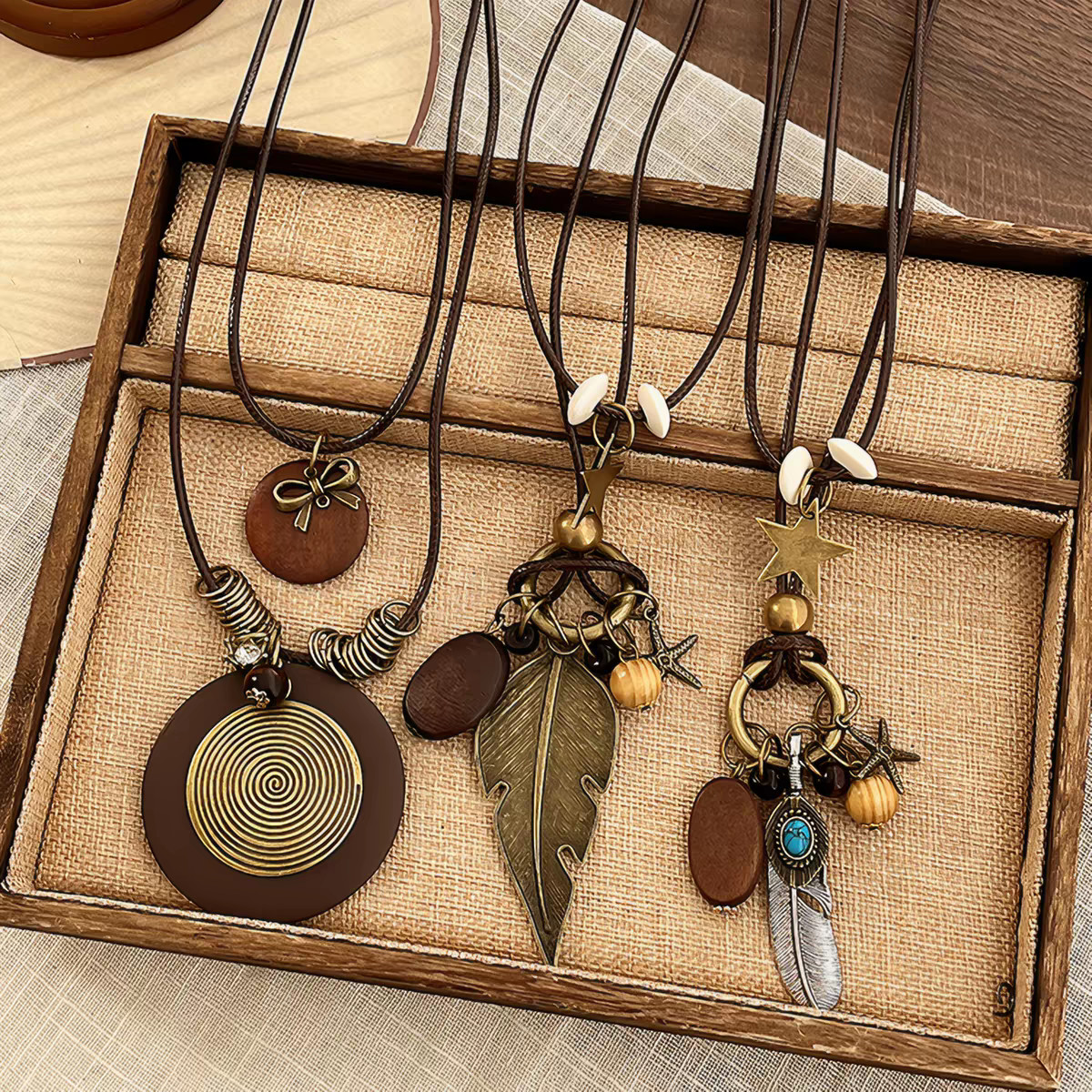 Mixed Lot 3 Boho Hippie Wax Cord Necklace Vintage Wood Metal Feather Pendants