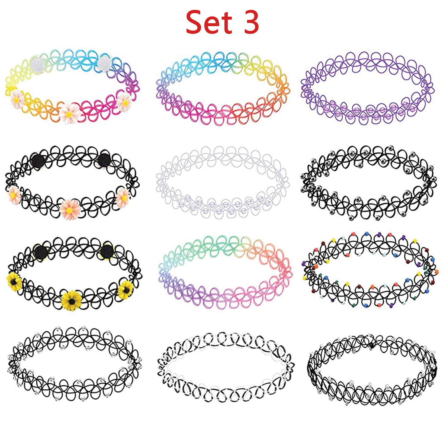 12Pcs Plastic Stretch Necklace Elastic Collar Gothic Flower Choker Necklace Set